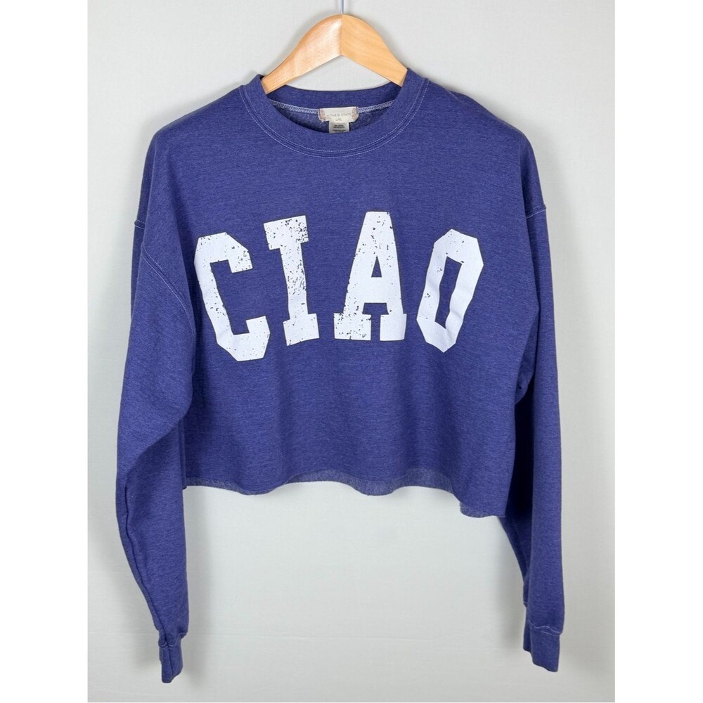 Altar’d State Cropped Sweatshirt Periwinkle CIAO Graphic Raw Hem L XL